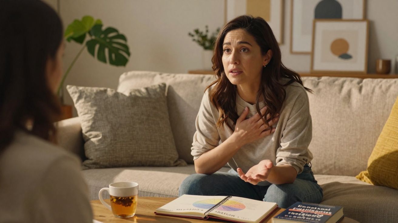 Mulher conversa emotiva com outra pessoa em sala, com xícara de chá e caderno aberto na mesa de centro.