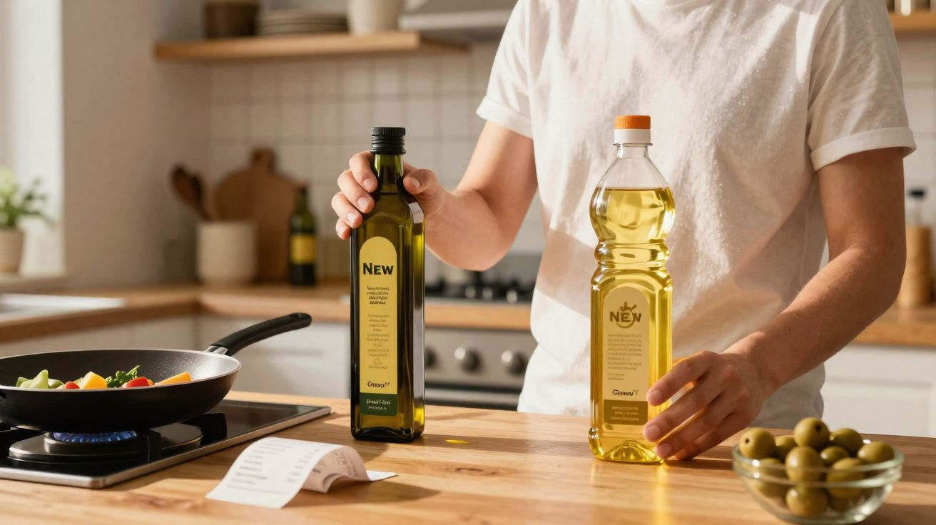 Pessoa segurando duas garrafas de azeite na cozinha, com frigideira e azeitonas na bancada.