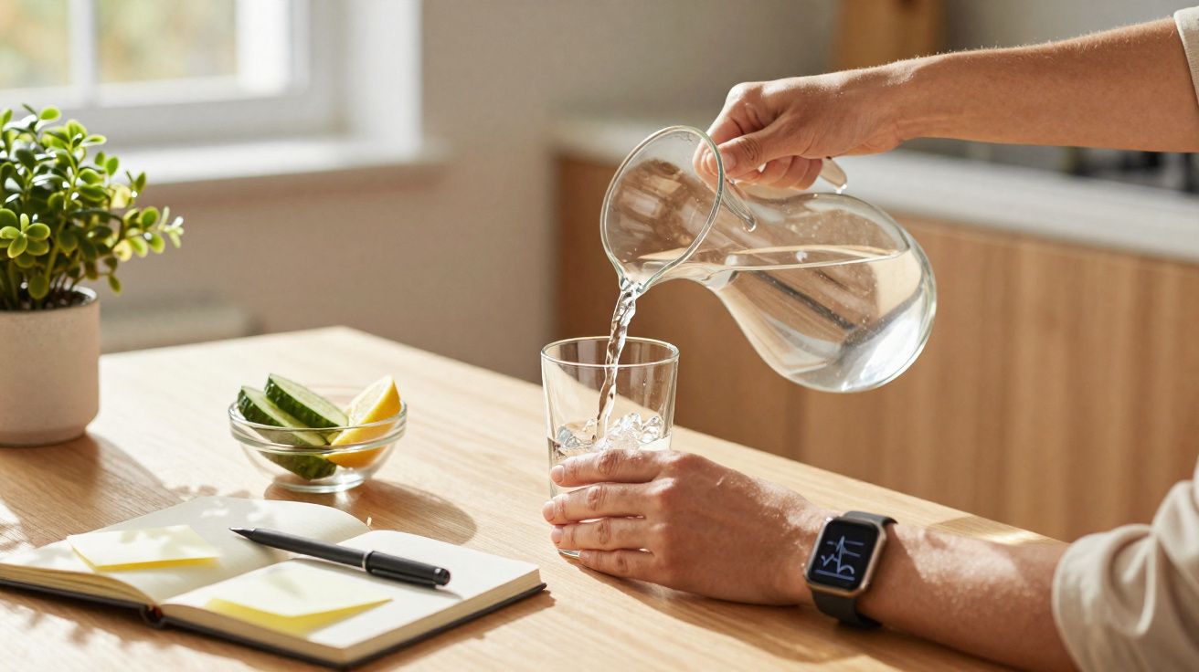 Pessoa usando relógio inteligente despeja água de jarra em copo sobre mesa com caderno, caneta e planta.