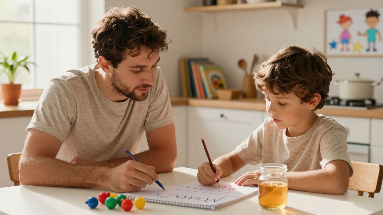 Pai e filho escrevendo em caderno na cozinha, com brinquedos e copo de suco sobre a mesa.