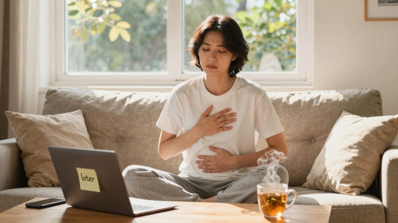 Mulher sentada no sofá com mãos no peito e abdômen, aparentando dor, com laptop e xícara de chá na mesa.