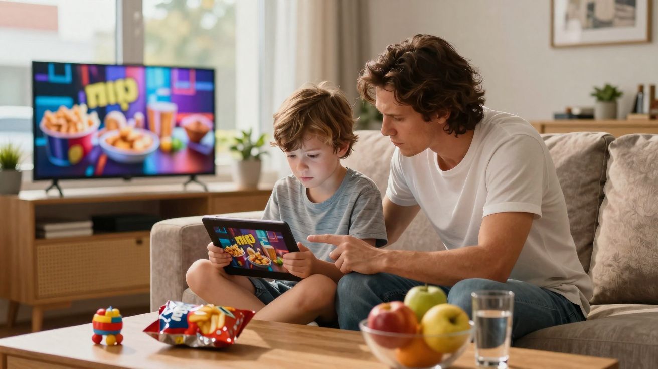 Pai e filho sentados no sofá assistindo a um conteúdo digital em um tablet na sala de estar.