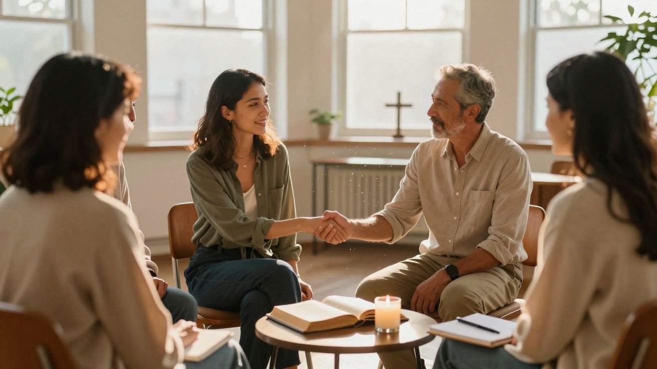 Grupo em círculo, duas pessoas se cumprimentam com aperto de mãos em ambiente iluminado e acolhedor.