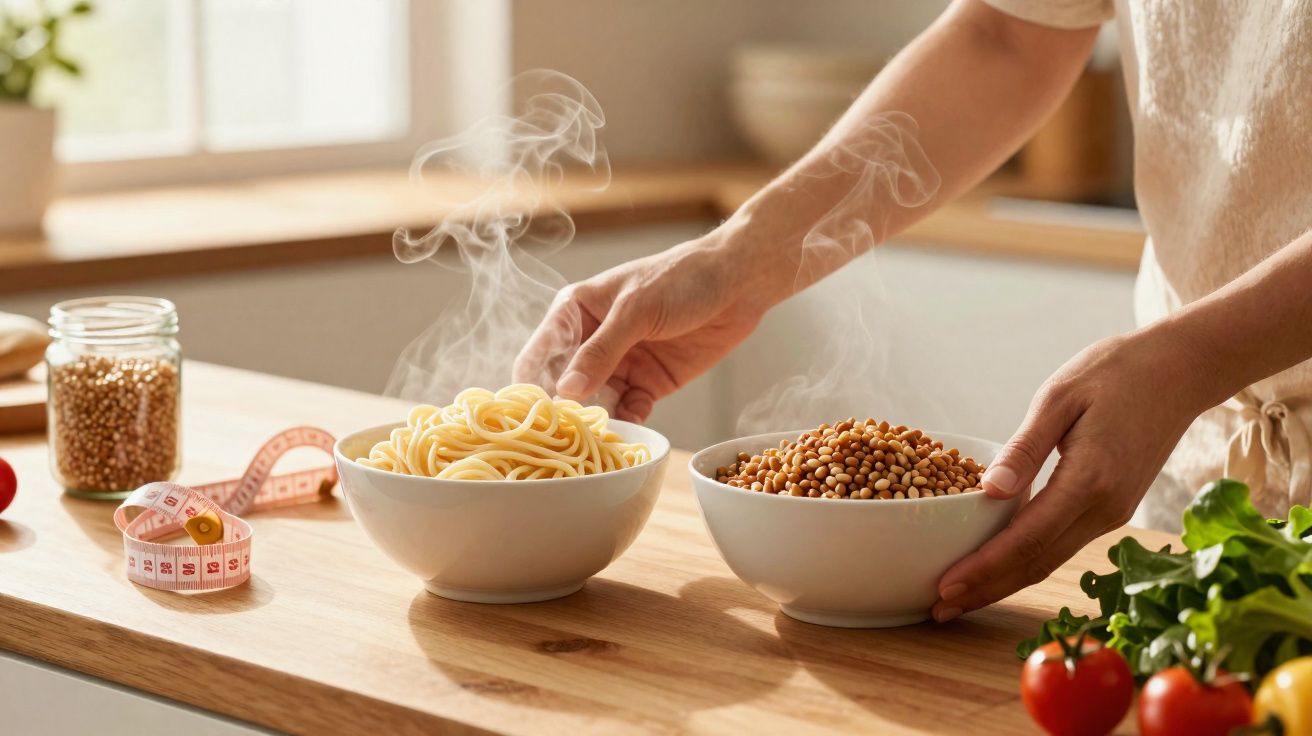 Pessoa segurando uma tigela com lentilhas ao lado de outra tigela com macarrão quente na cozinha.