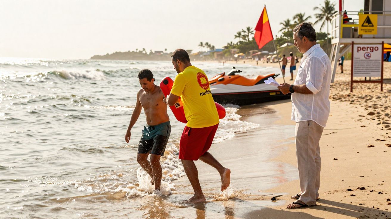 Salva-vidas ajudando homem a sair do mar enquanto outro observa em praia ensolarada com jet ski ao fundo.