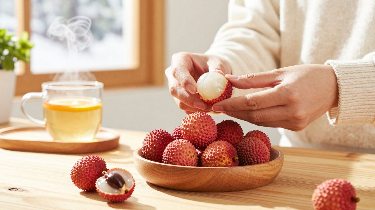 Pessoa descascando lichia com frutas em tigela de madeira e xícara de chá ao fundo.