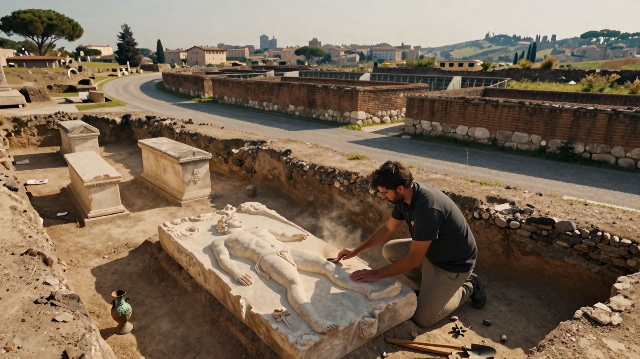 Homem limpando escultura de mármore com figura humana em sítio arqueológico ao ar livre.