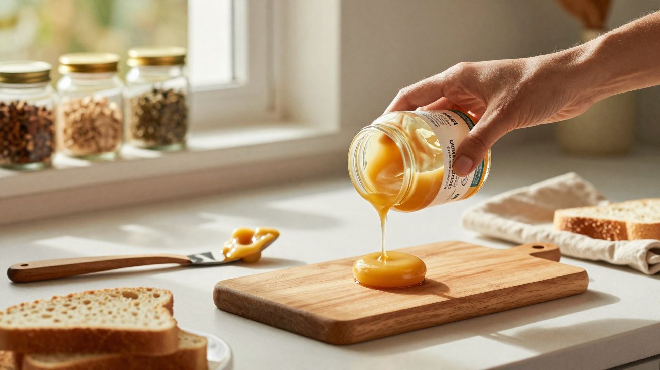 Pessoa derramando geleia amarela sobre tábua de madeira em cozinha bem iluminada, com pão ao lado.