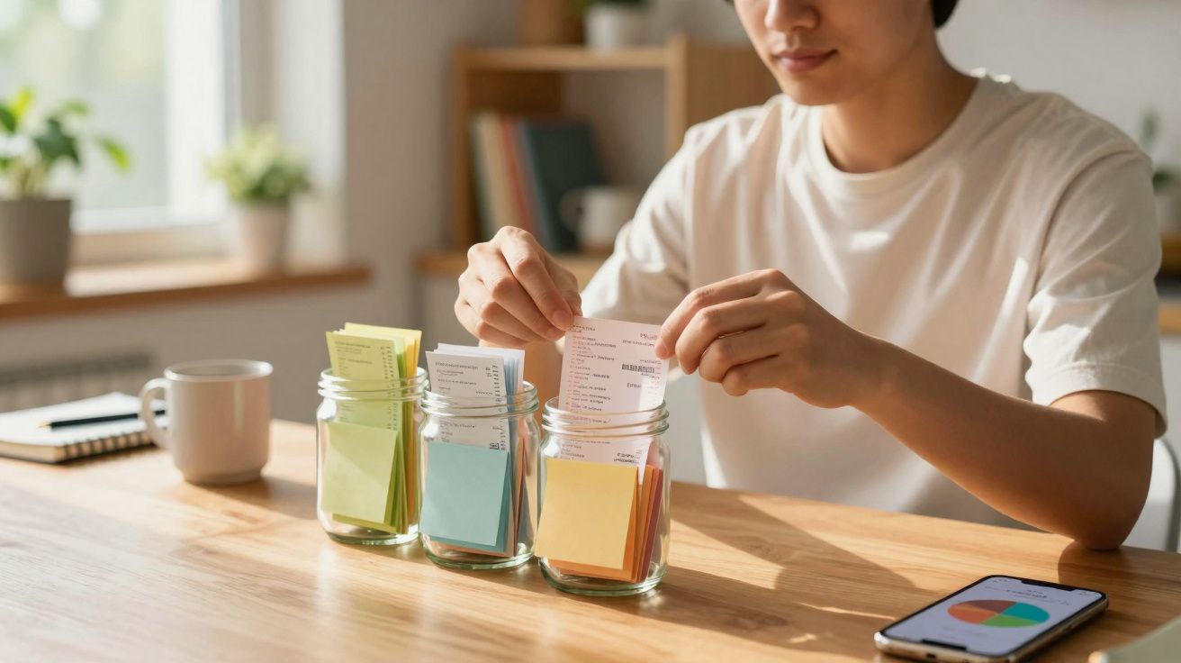 Pessoa organizando fichas coloridas em potes de vidro sobre mesa de madeira com celular e caneca ao lado.