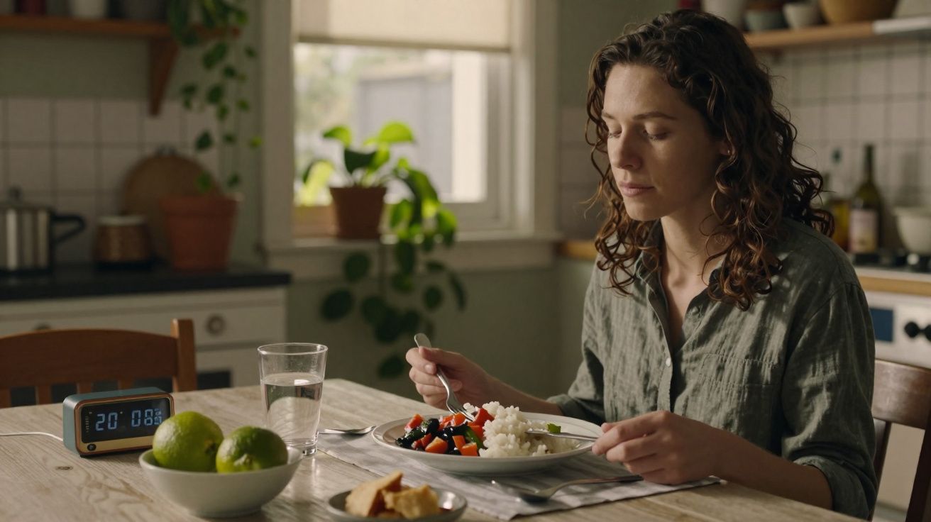Mulher sentada à mesa com prato de comida saudável em uma cozinha iluminada pela luz natural.
