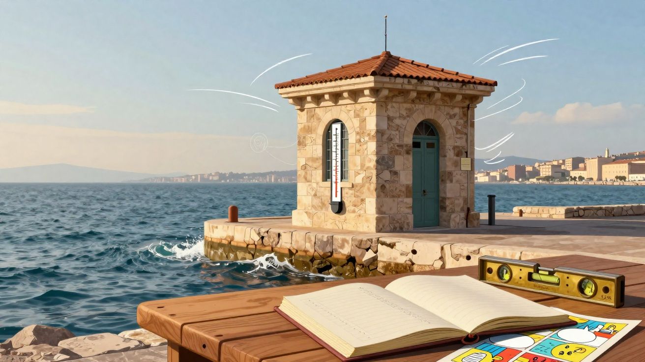 Pequena construção de pedra com termômetro na beira de um mar calmo sob céu claro, com mesa e livro aberto.
