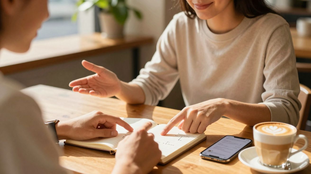 Duas pessoas discutindo anotações em um caderno, com celular e café ao lado em mesa de madeira.