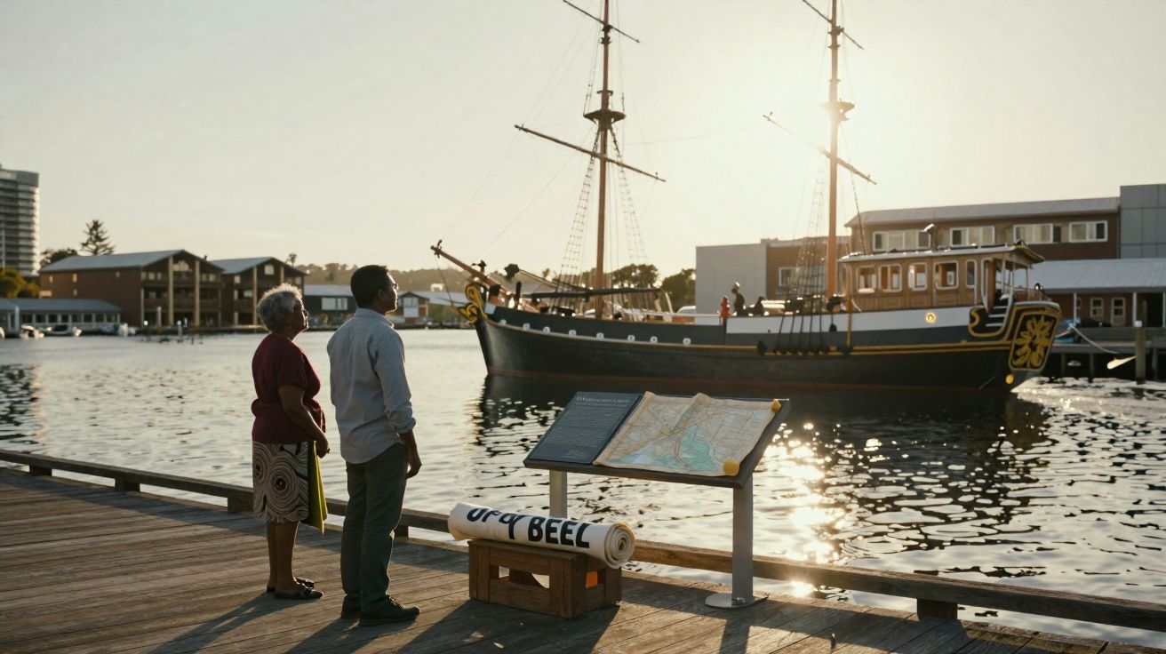Duas pessoas observam um barco histórico atracado em um cais ao pôr do sol com um mapa exposto próximo.
