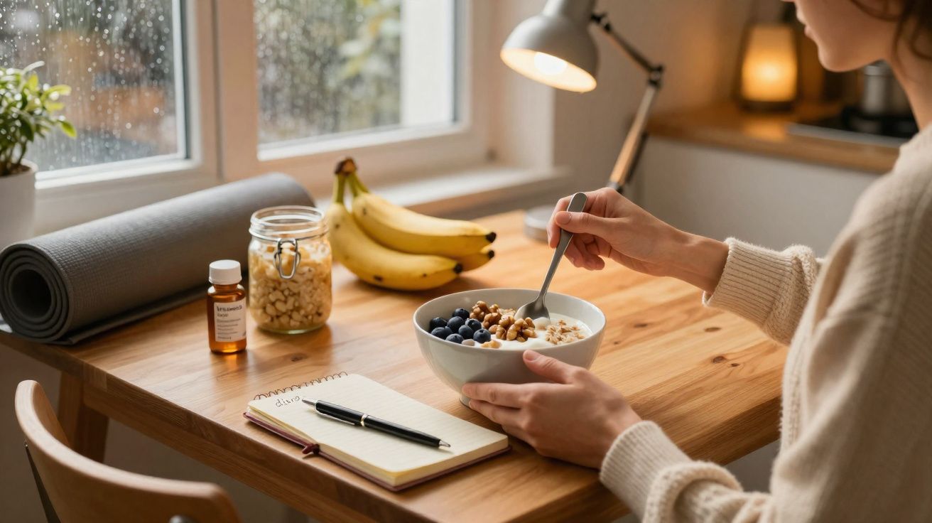Pessoa segura tigela com frutas e granola à mesa com caderno, remédio, potes, bananas e tapete de yoga.