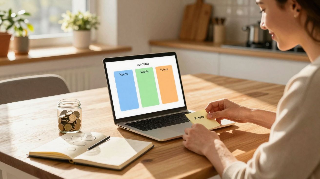 Mulher organizando finanças no computador, com moedas em pote e caderno sobre mesa de madeira na cozinha.