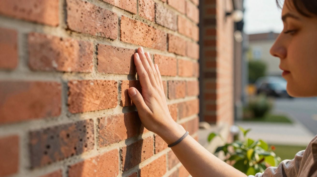 Pessoa encostando a mão em parede de tijolos vermelhos em ambiente externo durante o dia.