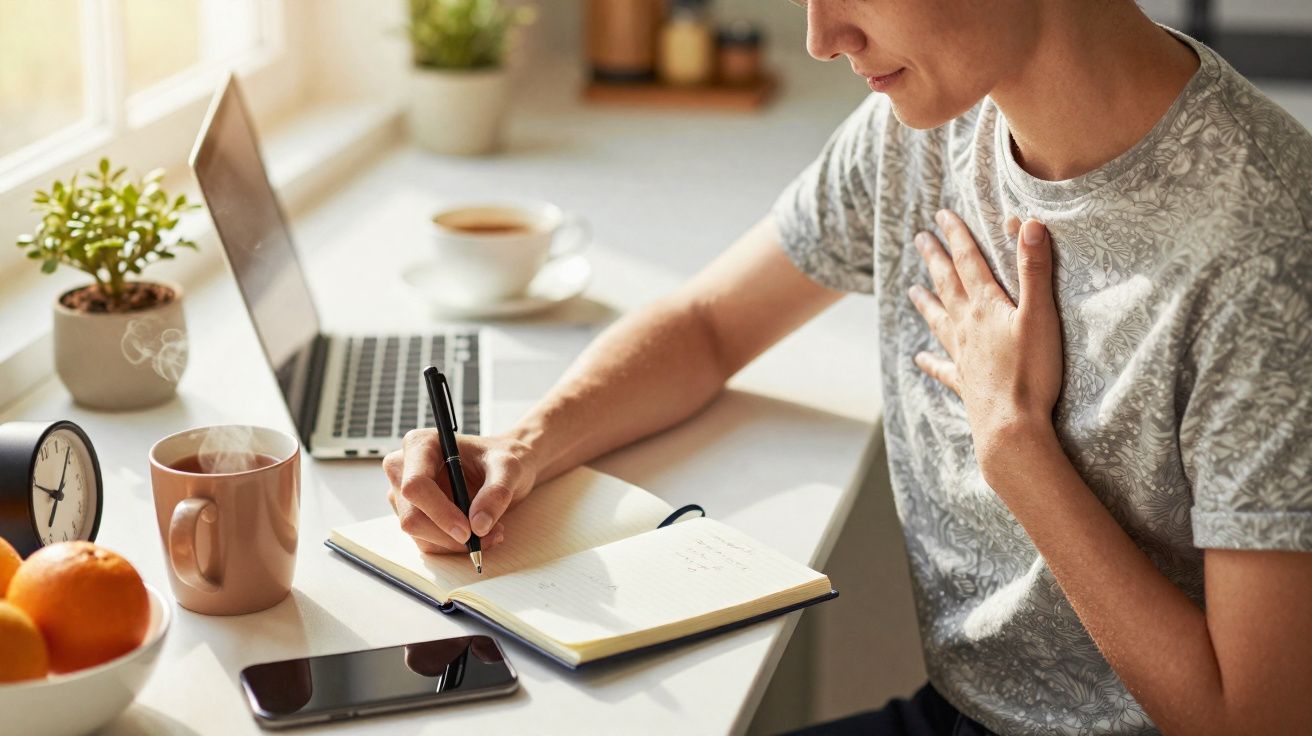 Pessoa escrevendo em caderno em mesa com relógio, celular, frutas, notebook e xícaras de bebida quente.