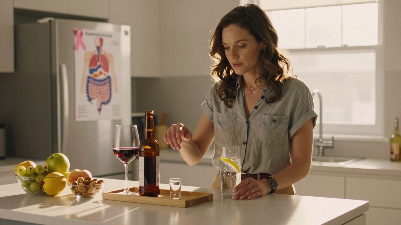 Mulher em cozinha iluminada com copo, vinho, cerveja e frutas sobre bancada branca.