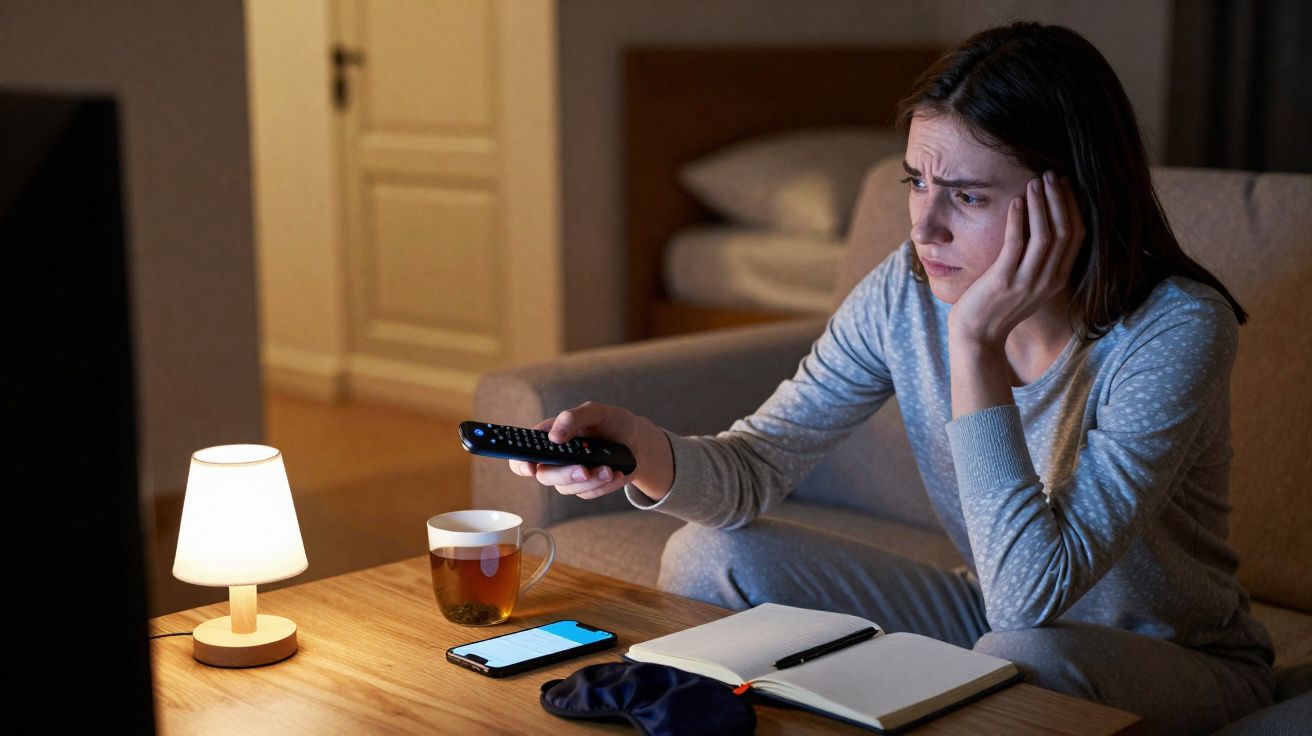 Mulher sentada no sofá, com expressão preocupada, segurando controle remoto e olhando para a TV.