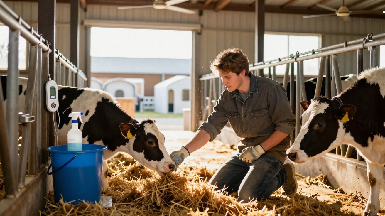 Homem alimentando bezerros em estábulo com piso de palha em ambiente rural ensolarado.