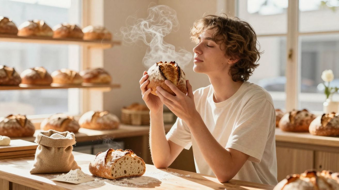 Jovem segurando pão quente e saboroso com olhos fechados em padaria cheia de pães frescos.