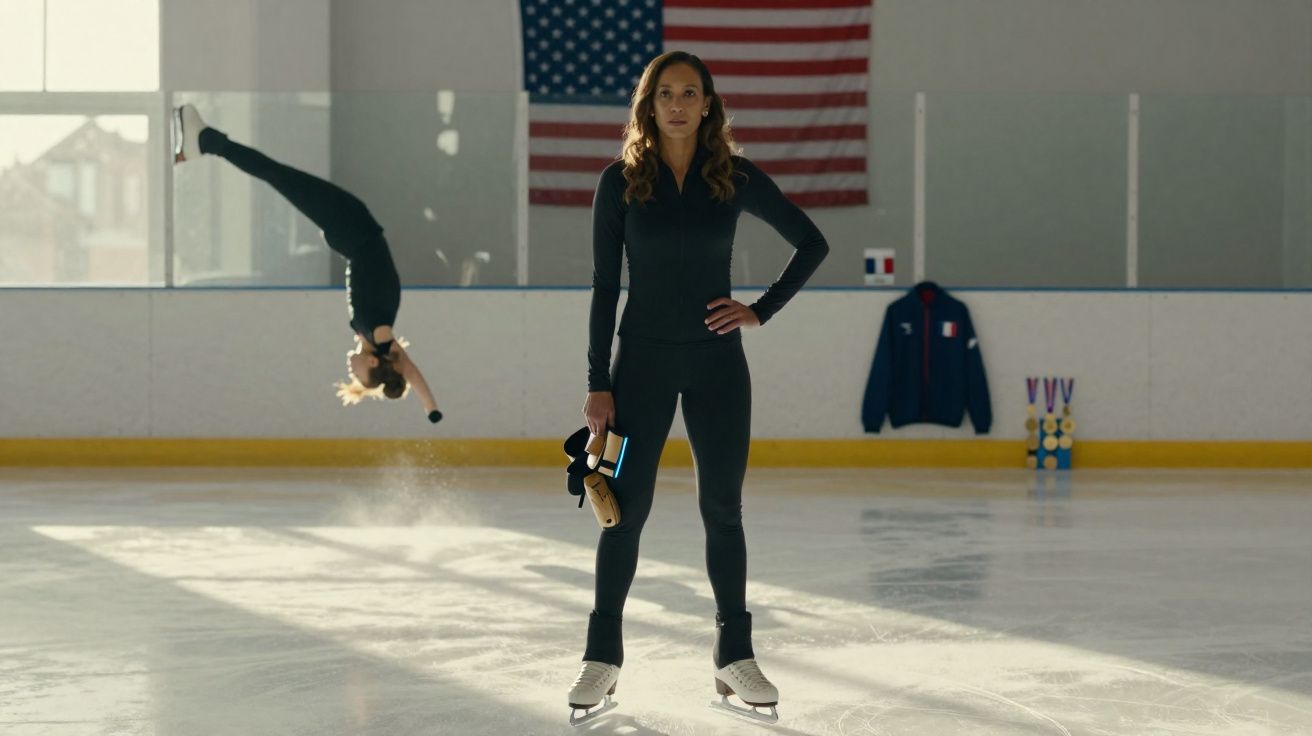 Mulher de patins no gelo segura patins na mão, enquanto outra faz acrobacia no gelo atrás dela.