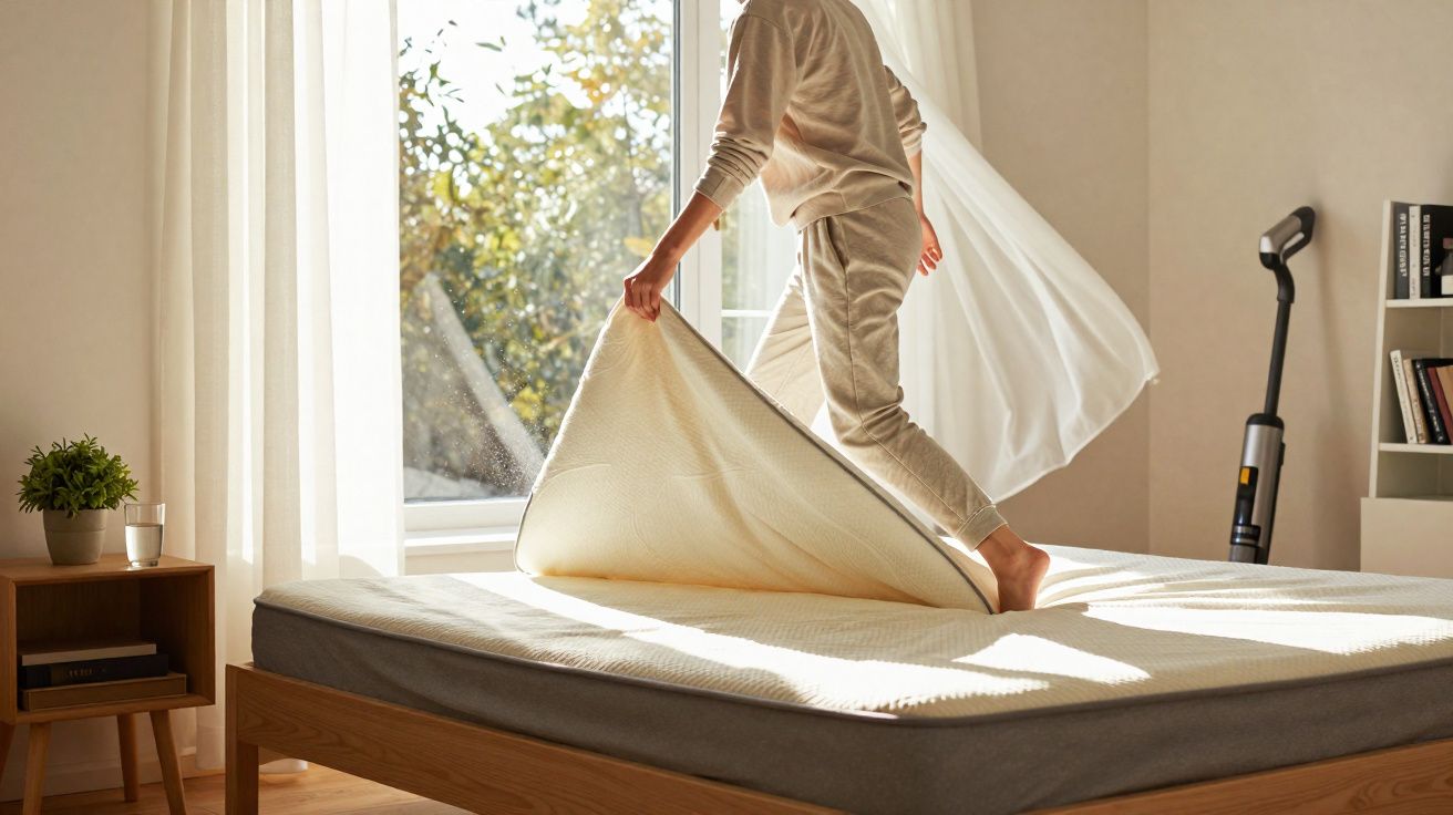 Pessoa arrumando a cama com cortinas abertas e luz do sol entrando pela janela em quarto iluminado.