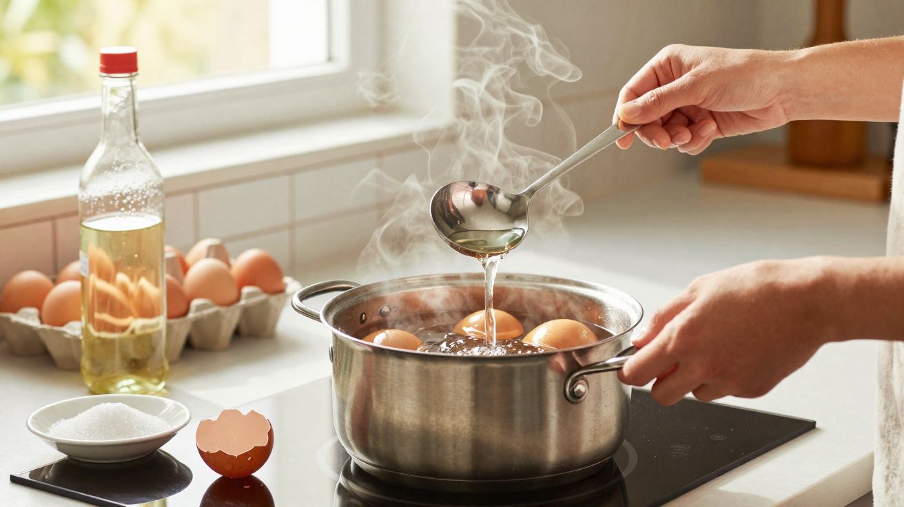 Mãos cozinhando ovos em panela com água fervente em fogão elétrico na cozinha iluminada.
