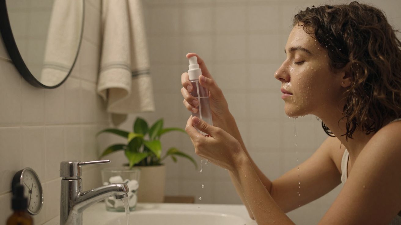 Mulher com cabelo molhado aplica produto facial em banheiro branco com pia e planta ao fundo.