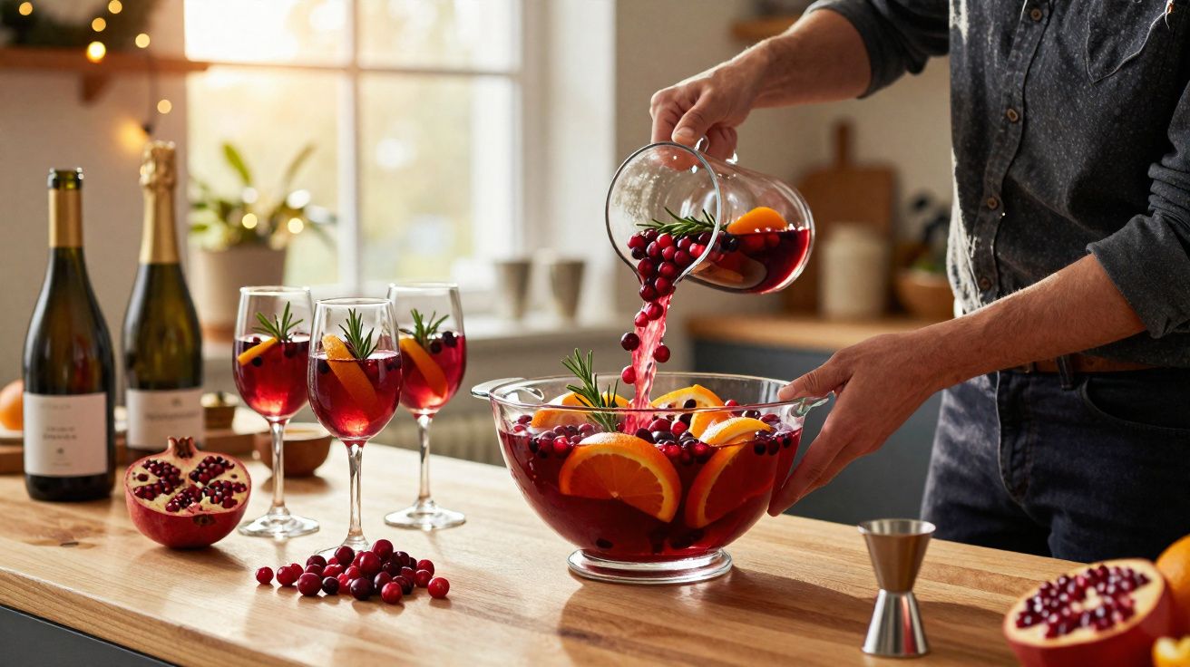 Pessoa preparando ponche com frutas e cranberry em uma cozinha iluminada e decorada para festa.