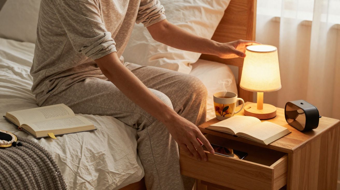 Pessoa sentada na cama, abrindo a gaveta do criado-mudo com livro, luminária, relógio e xícara de chá.