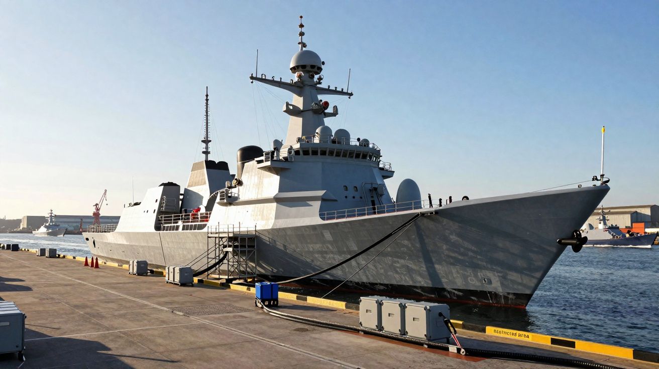 Navio de guerra cinza atracado em porto com céu azul ao fundo em dia ensolarado.