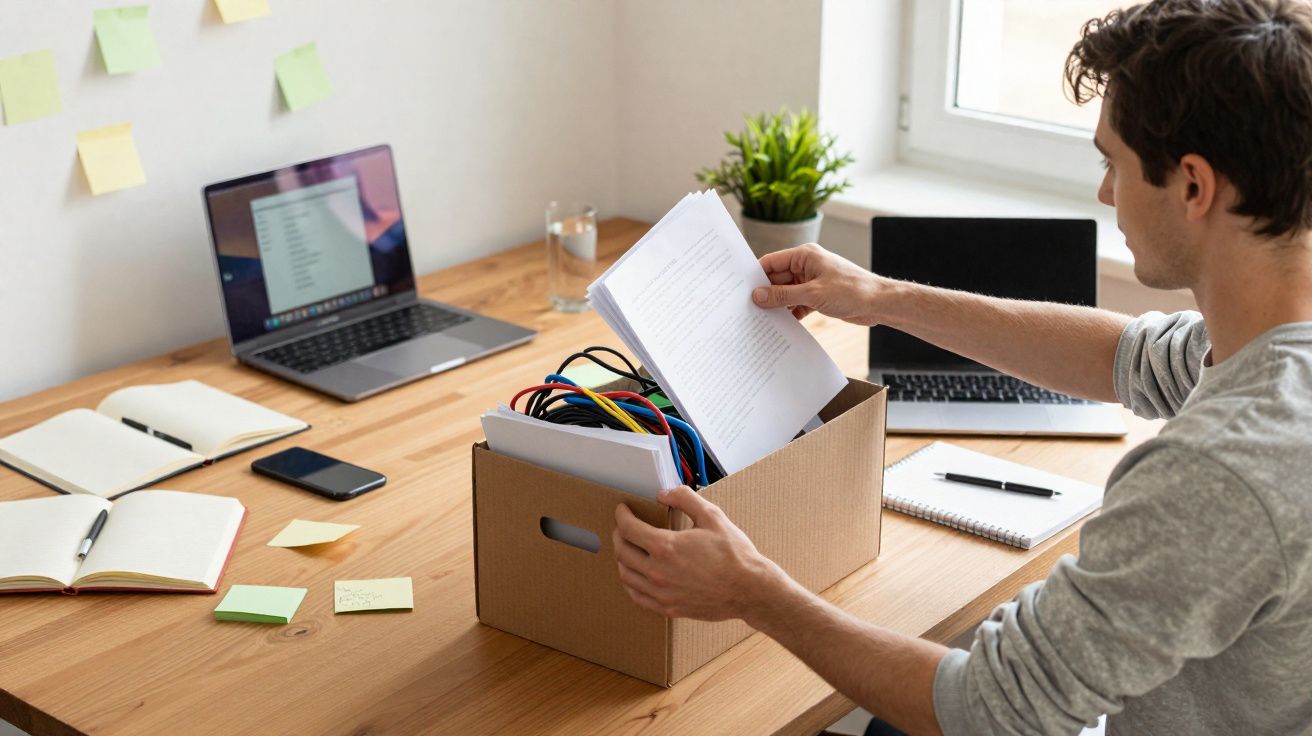 Homem organizando documentos em caixa de papelão em mesa com notebooks, cadernos e celular.