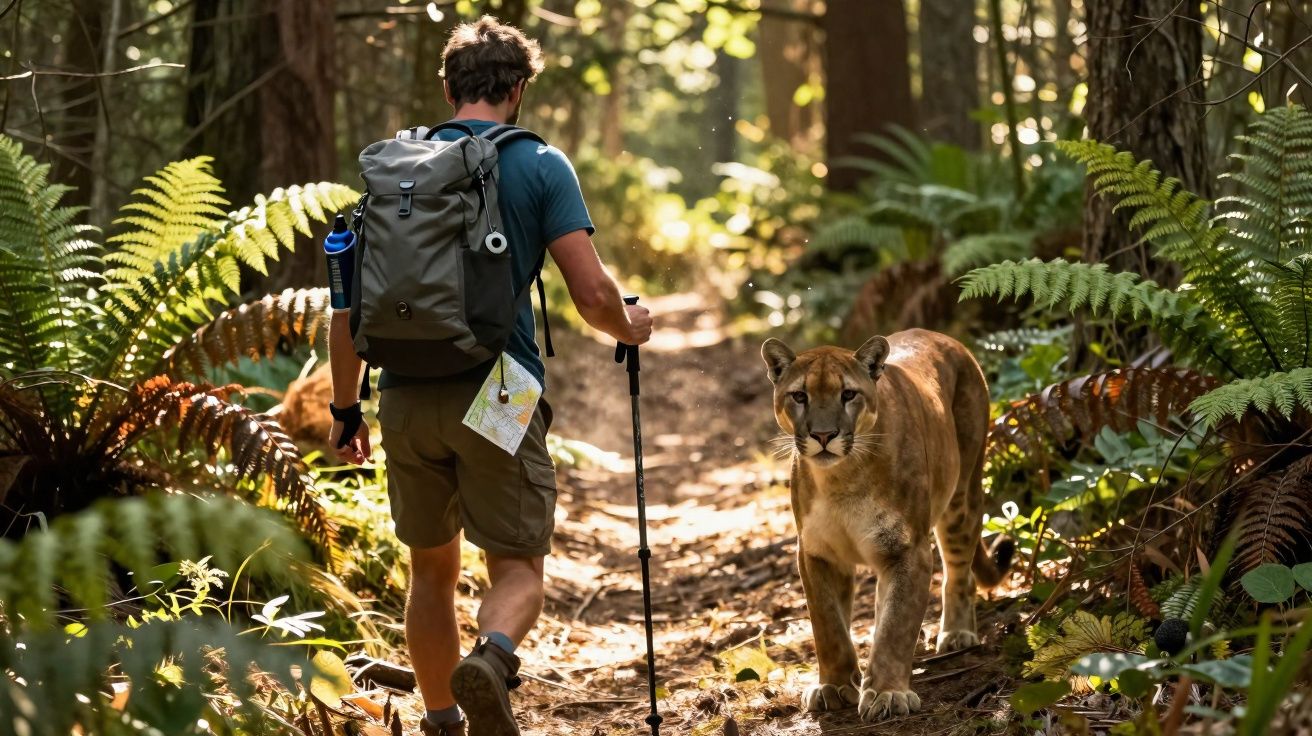 Caminhante com mochila e bastão no bosque enfrenta uma onça-parda na trilha ensolarada.