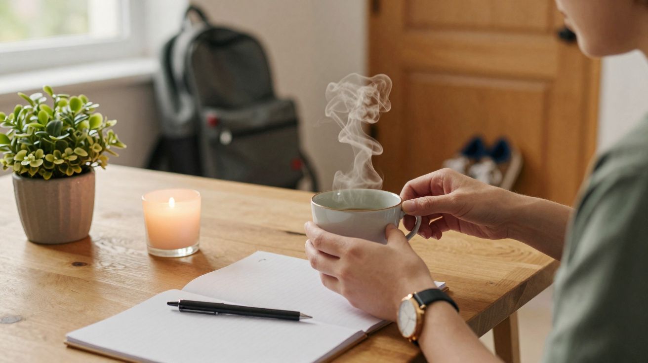 Pessoa segurando xícara com bebida quente, vela acesa, planta, caderno e caneta em mesa de madeira.