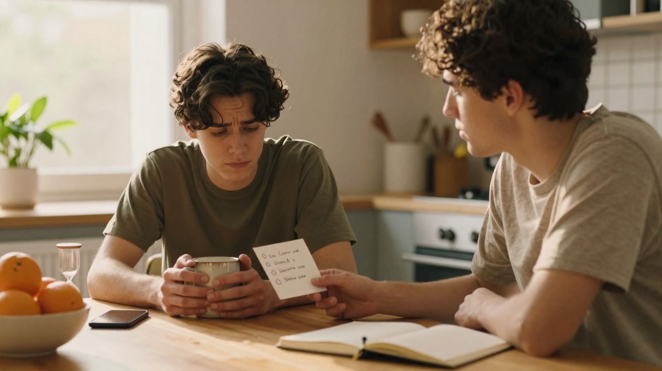 Dois jovens sentados à mesa, um mostrando um bilhete e outro segurando uma caneca, em cozinha iluminada.