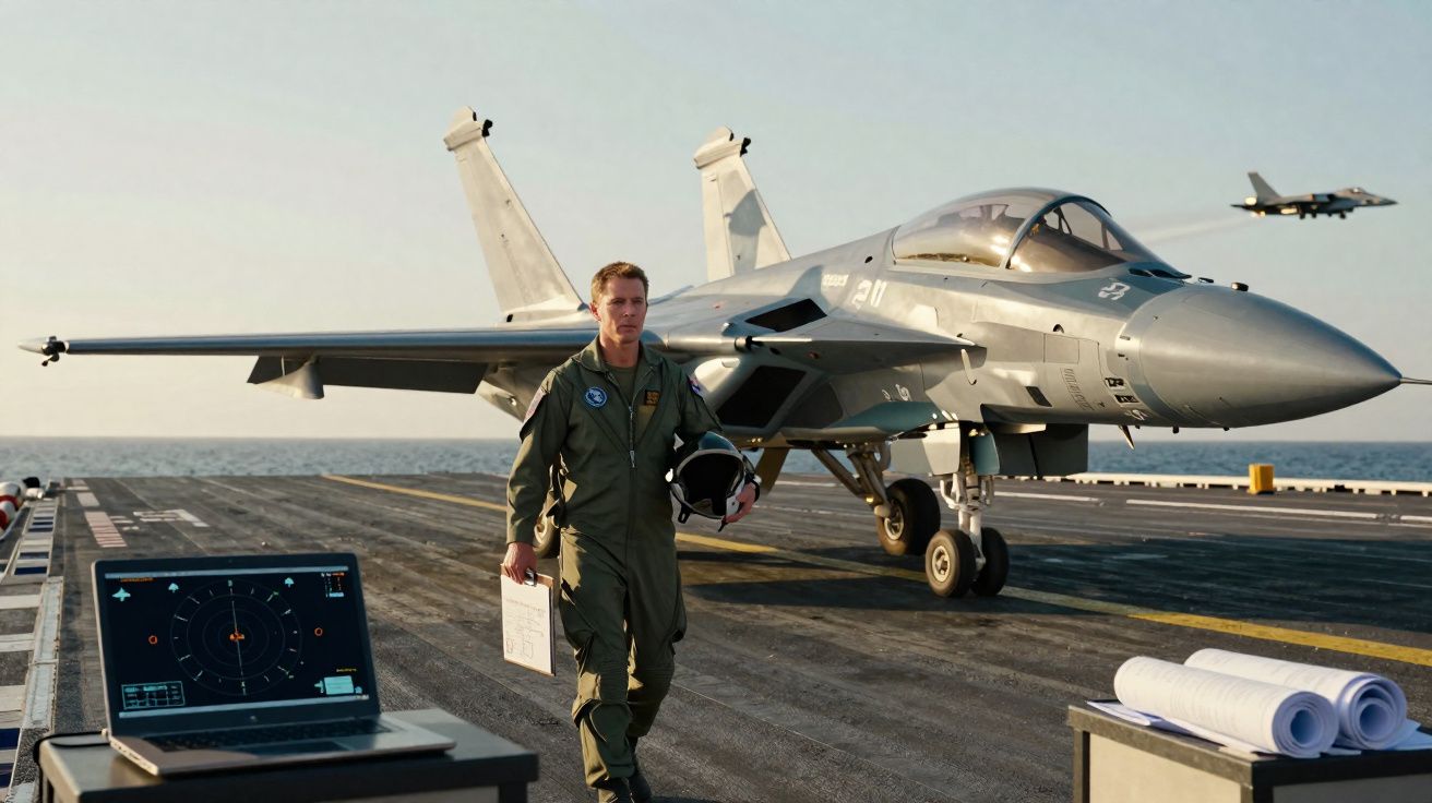Piloto caminhando no convés de um porta-aviões ao lado de caça em solo, com outro caça voando ao fundo.