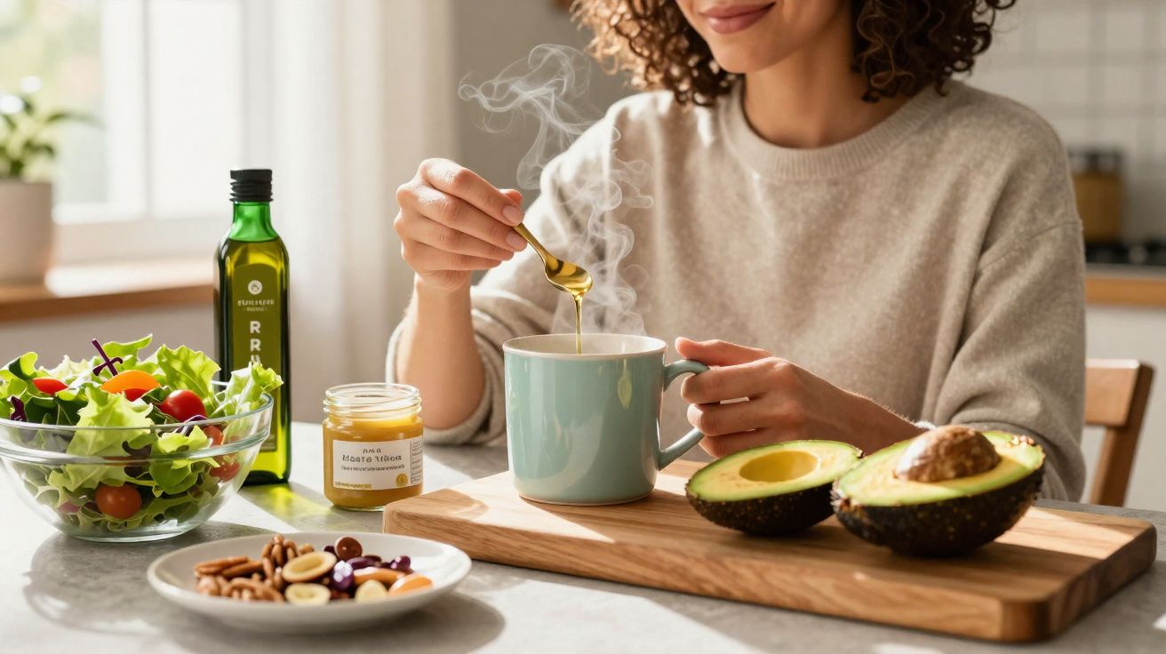 Mulher colocando mel em bebida quente, com abacate, salada e castanhas sobre mesa na cozinha.