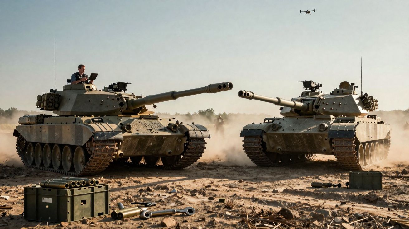 Dois tanques de guerra em terreno seco com caixas e munições ao redor e um drone voando ao fundo.