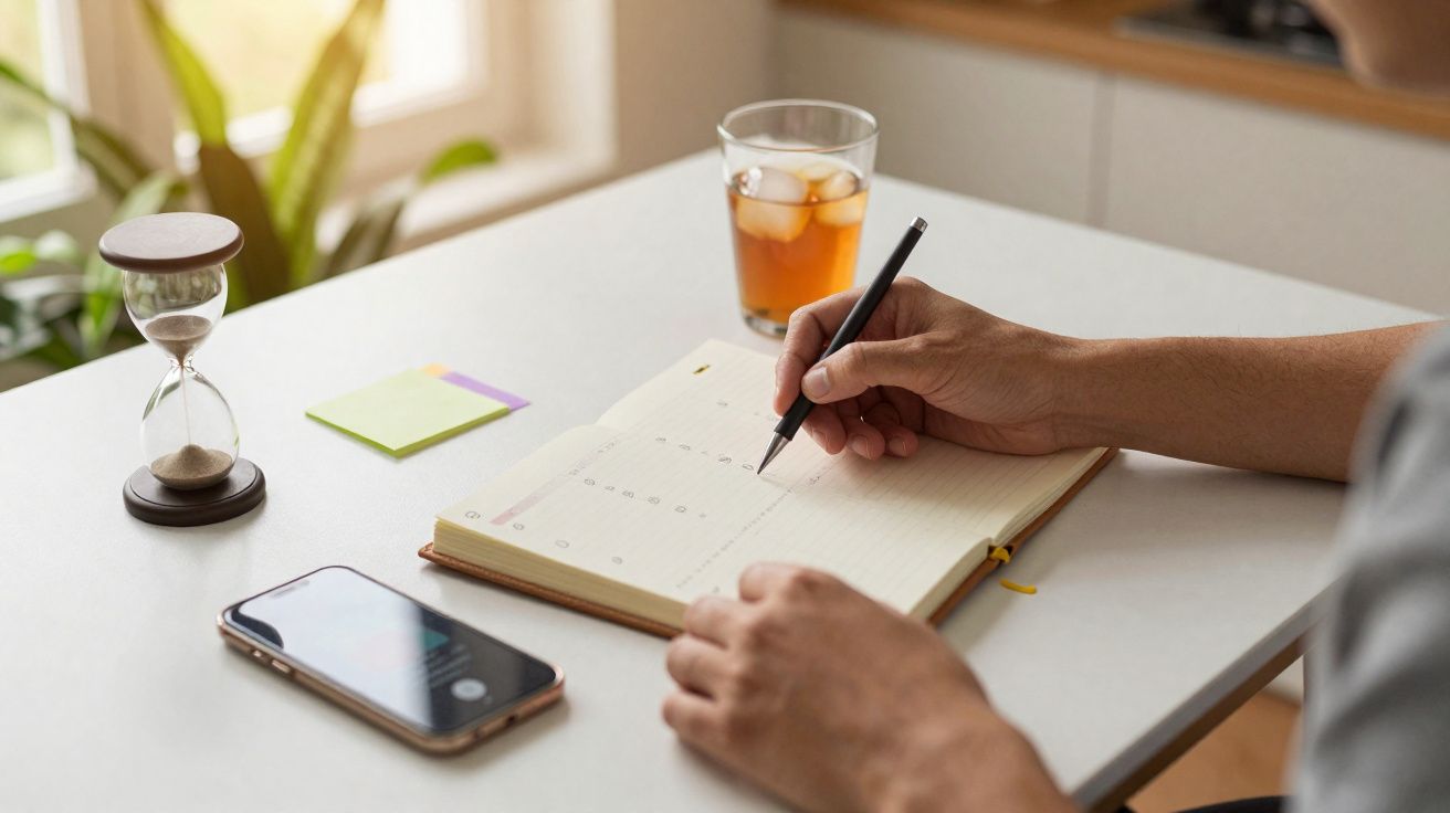 Pessoa escrevendo em agenda aberta sobre mesa com smartphone, ampulheta e copo de chá gelado.