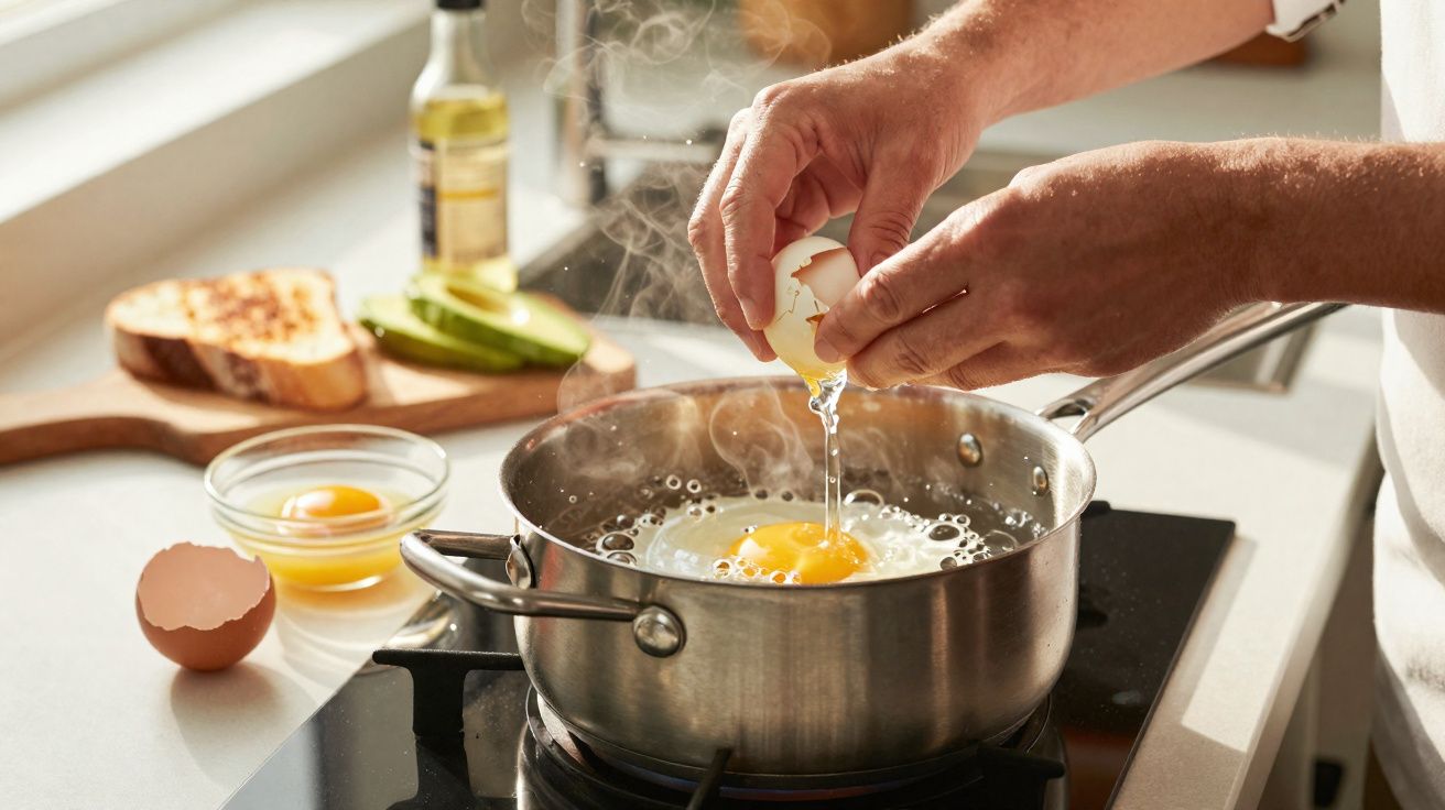 Pessoa quebrando ovo em panela com água fervente para preparar ovo pochê na cozinha iluminada.
