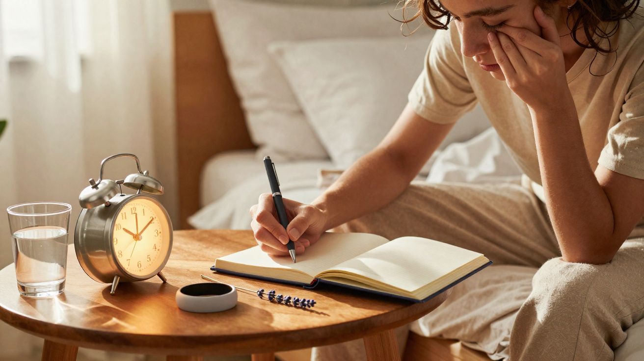 Pessoa escrevendo em caderno sentada na cama, com relógio, copo d'água e flores secas na mesa wooden.