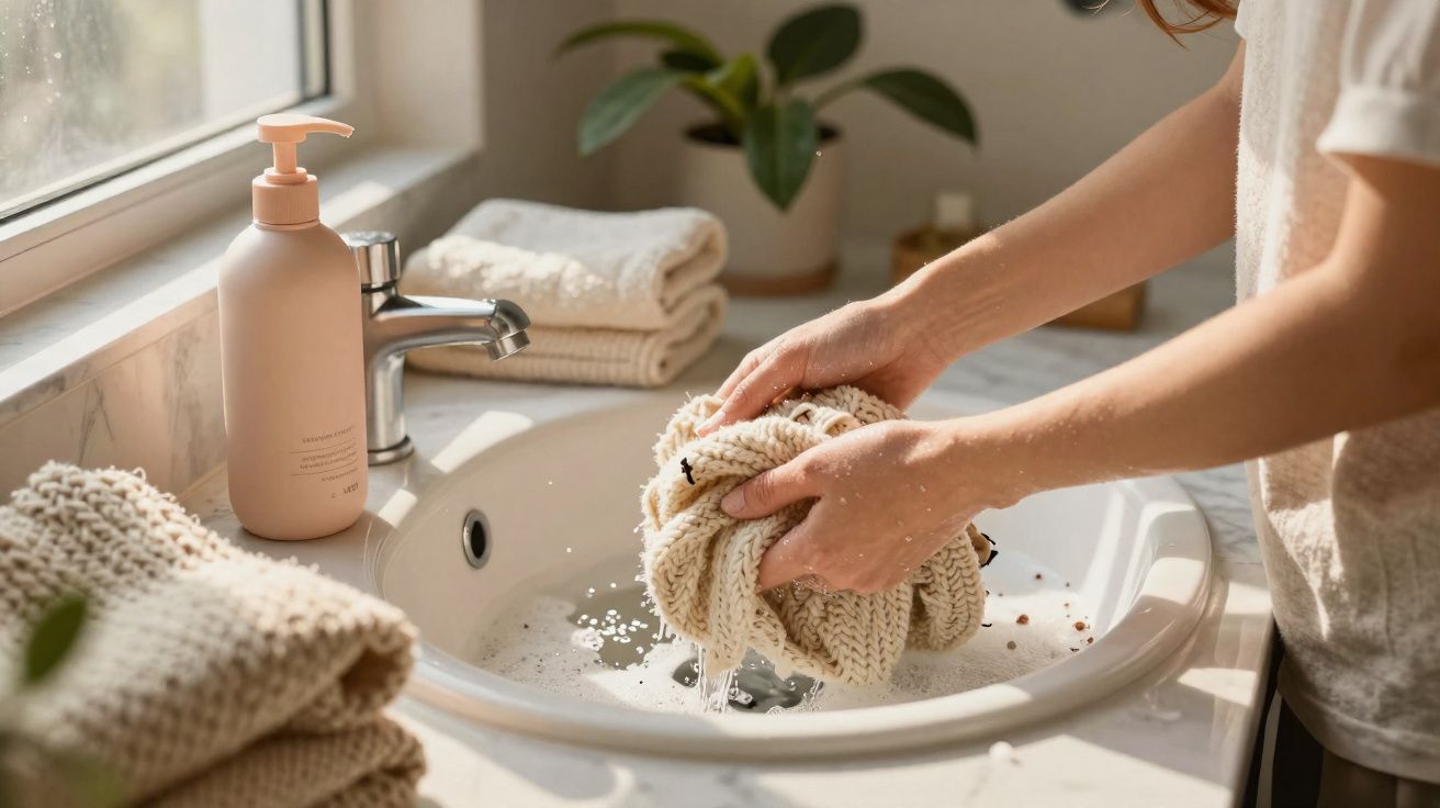 Pessoa lavando peça de tricô creme em pia de banheiro com sabonete líquido ao lado e toalhas dobradas.