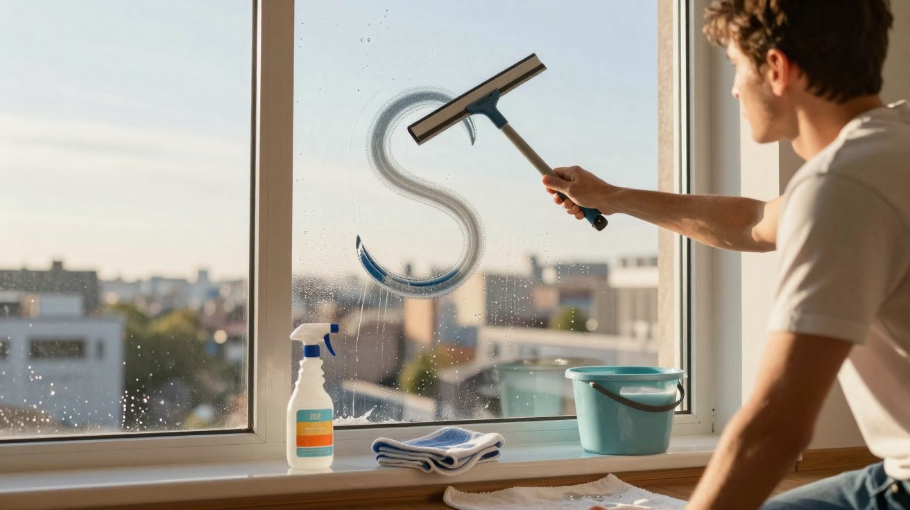 Homem limpando janela de vidro com rodo, spray e balde em ambiente iluminado, vista urbana ao fundo.