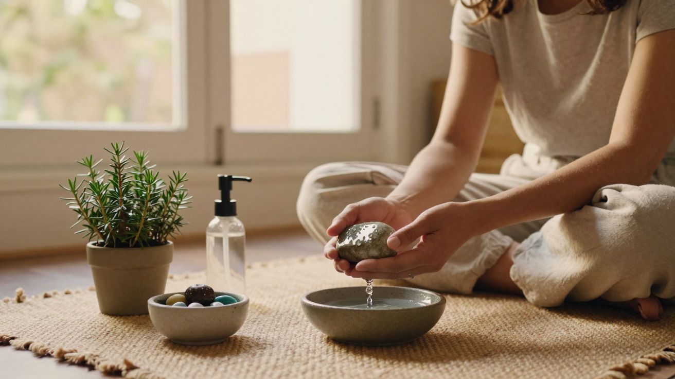 Pessoa sentada no chão segurando uma pedra com água pingando em um recipiente, ao lado plantas e sabonete líquido.