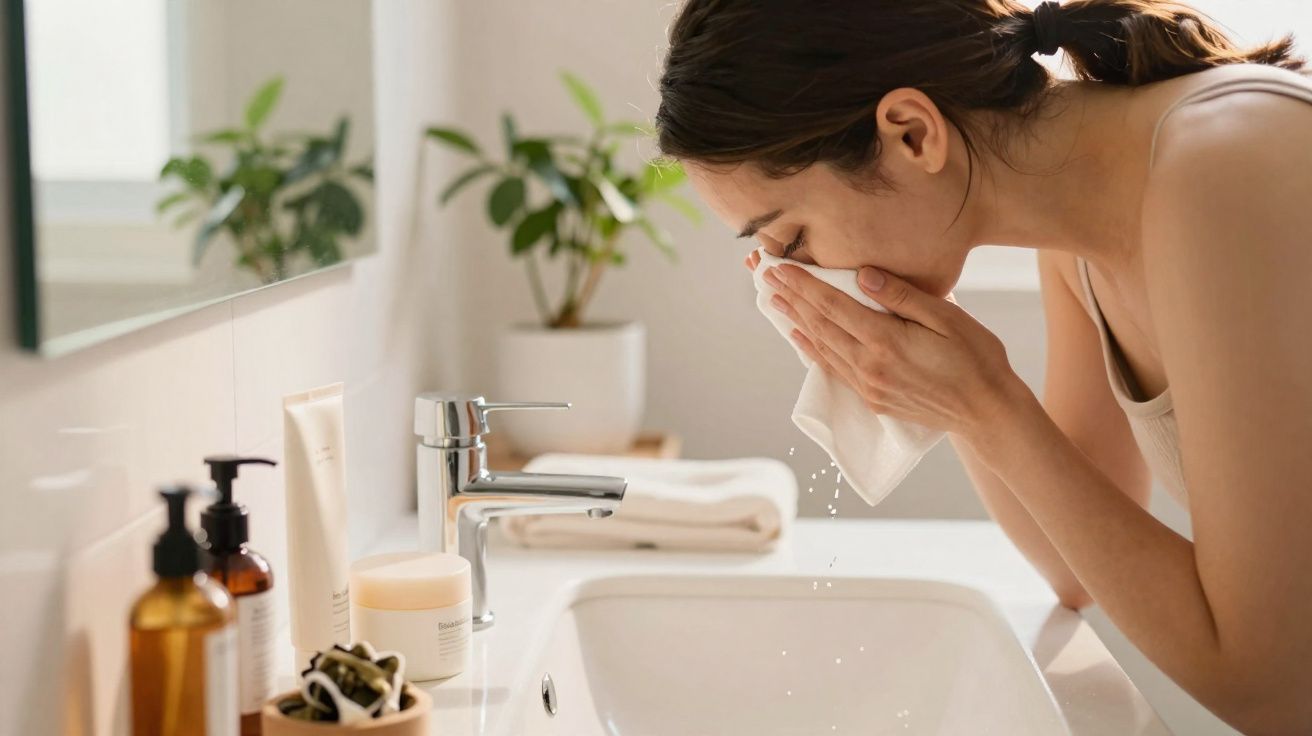 Mulher lavando o rosto com água em pia de banheiro iluminado com plantas ao fundo.