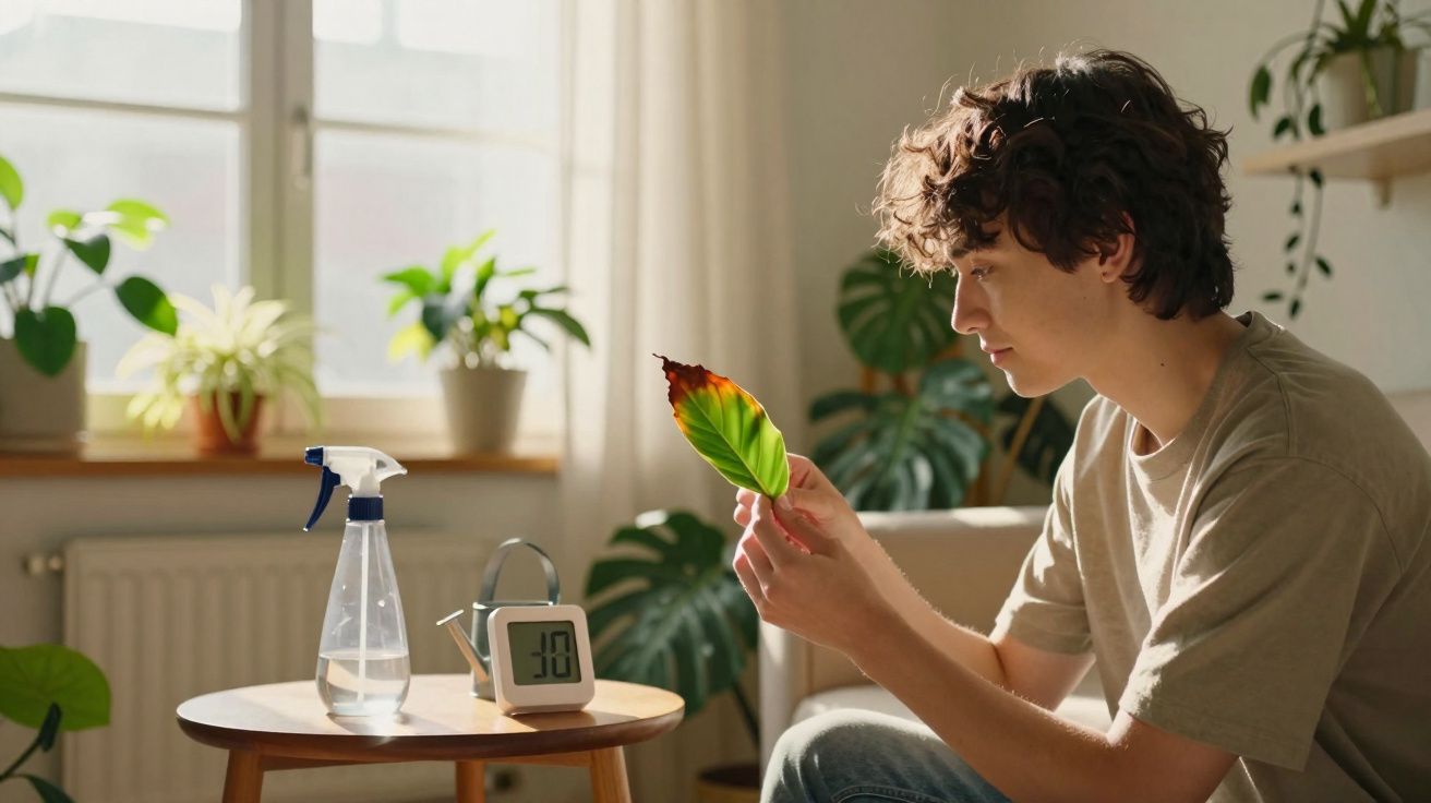 Jovem inspeciona folha de planta com sinais de queimadura sentado em sala com outras plantas e regador.