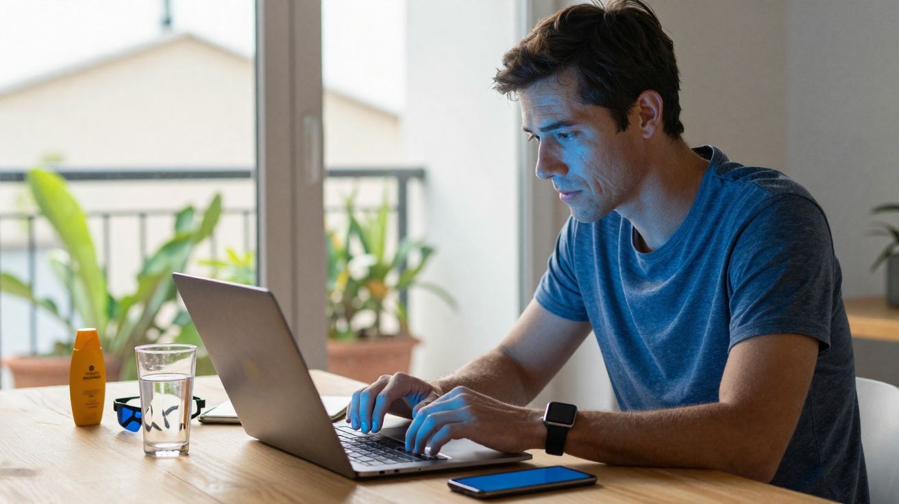 Homem usando camiseta azul digitando em notebook em mesa com copo d'água e celular ao lado.
