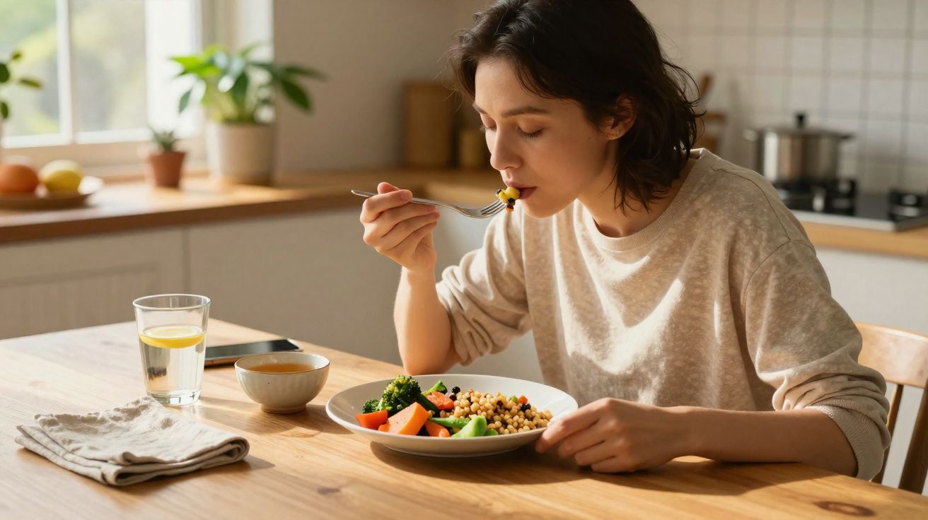 Mulher jovem com camiseta clara provando salada saudável em prato, sentada à mesa de madeira na cozinha iluminada.