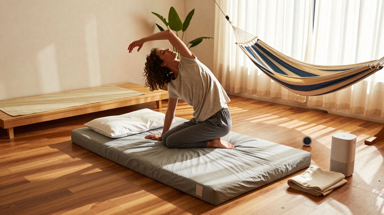 Mulher fazendo alongamento em colchão no chão de sala iluminada com rede e objetos ao redor.